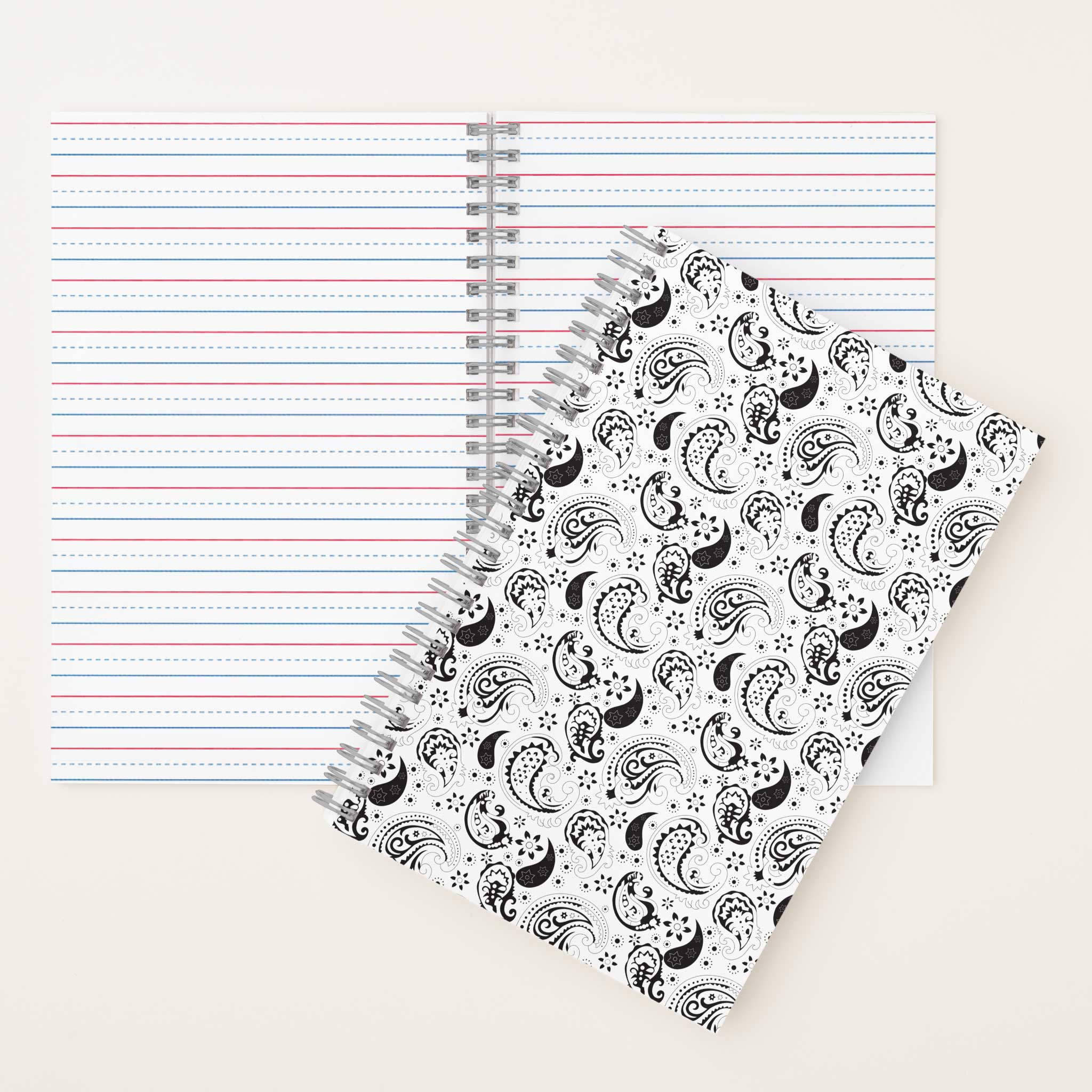 Black and white paisley pattern elegant textile art notebook for journaling and notes.