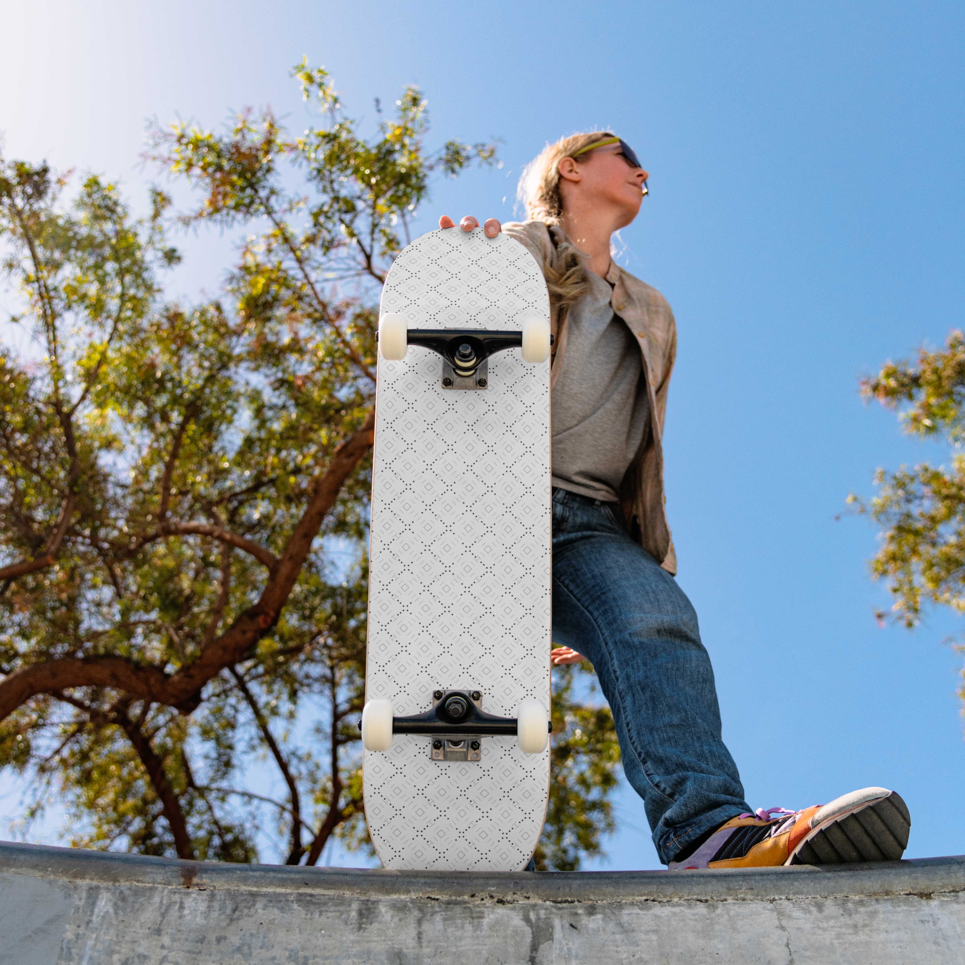 Transparent grid texture overlay editable PNG-inspired skateboard for minimalist design lovers.