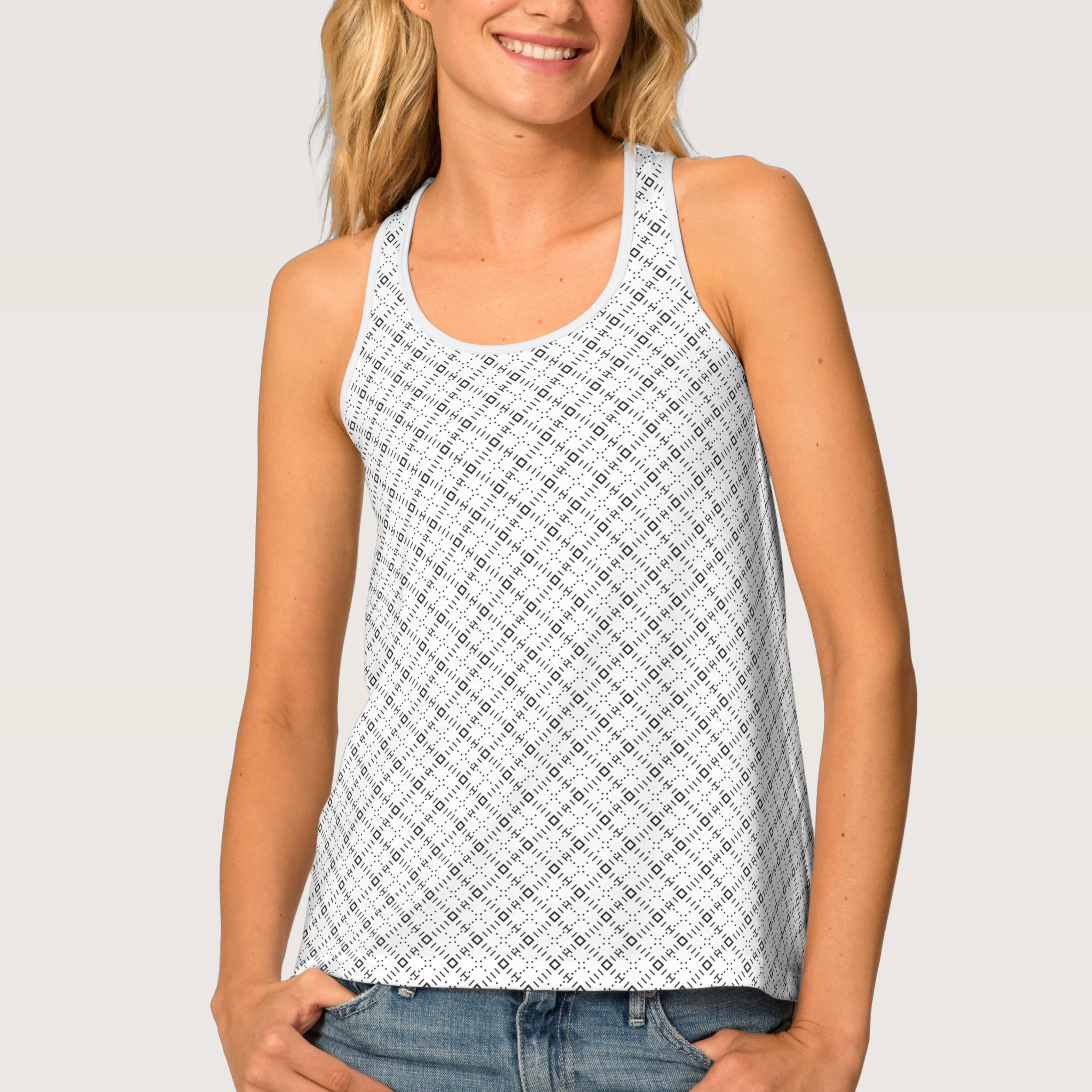 Monochrome tank top with seamless diamond geometric pattern in minimalist black and white.
