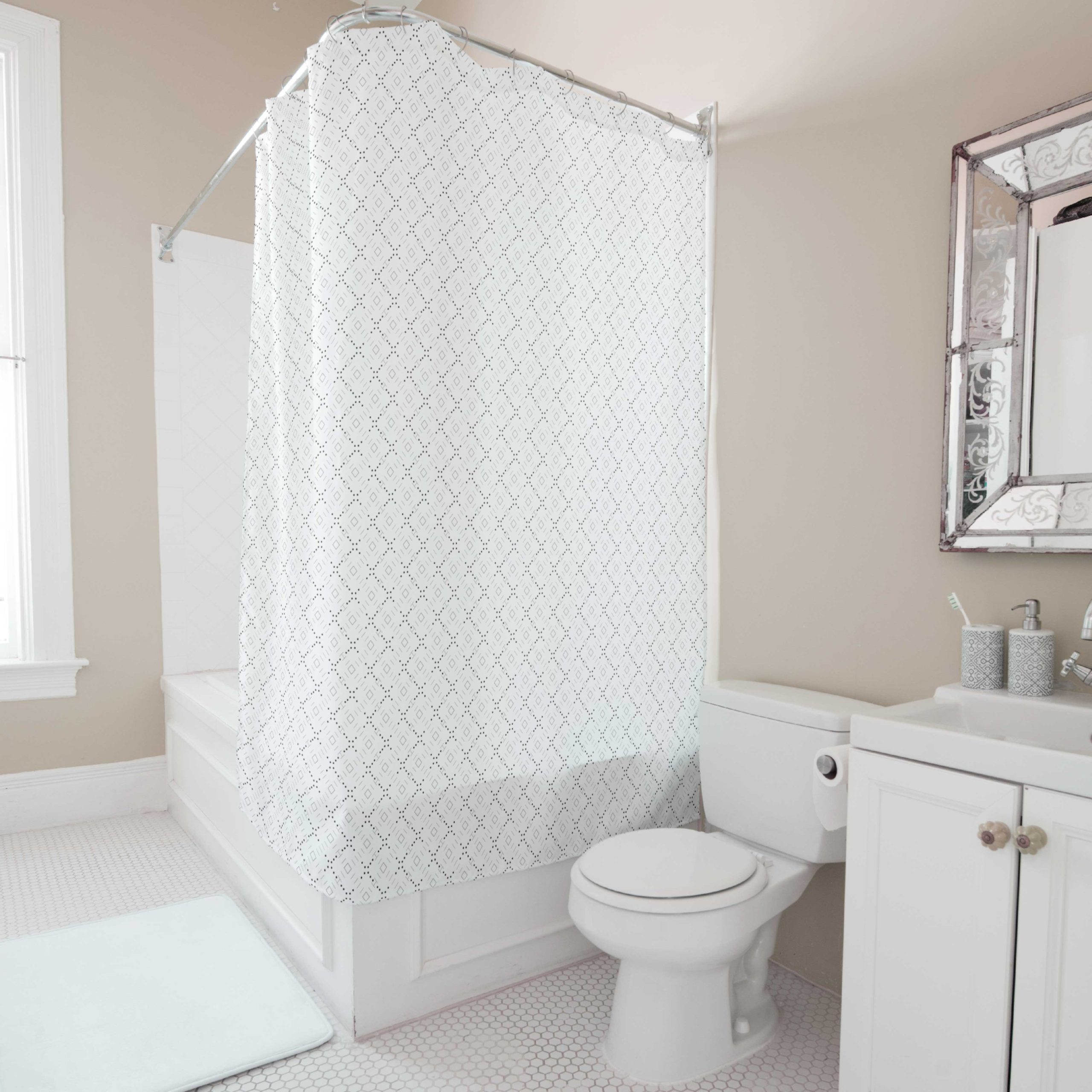 Modern shower curtain with transparent grid PNG overlay, perfect for digital artists and minimalist bathroom décor.