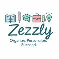 Flat lay of custom office and school supplies including notebooks, pens, and folders on modern workspace.